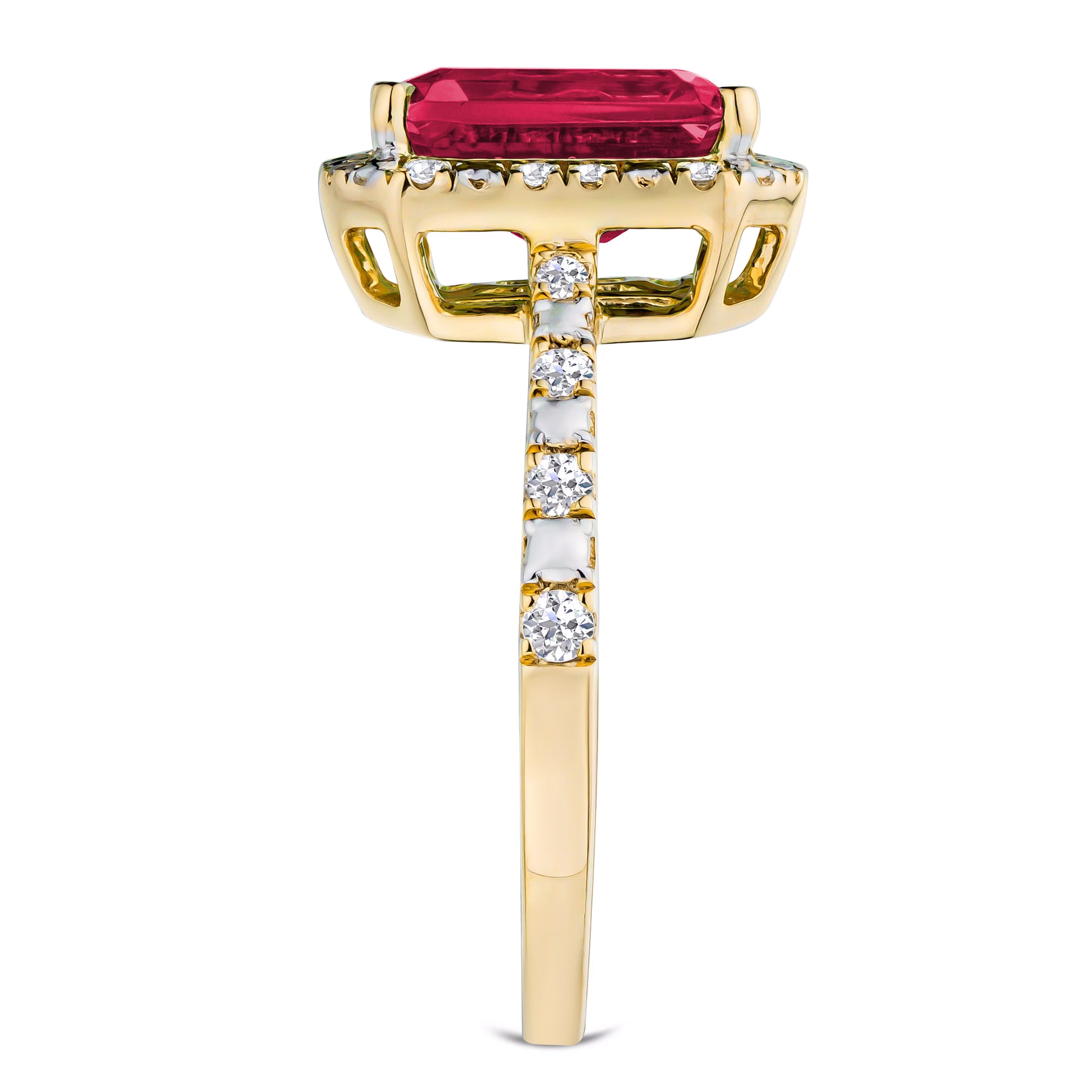 Astra 1.90ct Lab Ruby and Diamond Halo Shoulder Set Octagon Cut Ring in 18K Gold Vermeil